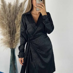 Robe Noire Ceinturée - Imprimé Léopard