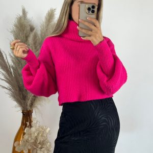 pull gros col roulé rose