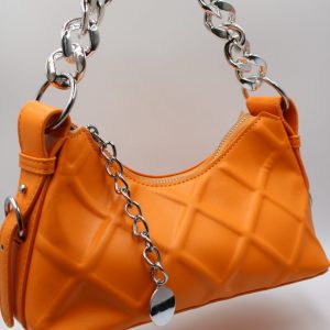 Sac à Main Orange Matelassé à Chaîne Argent