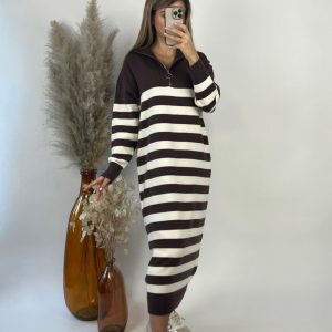 Robe Pull Longue à Rayures Chocolat