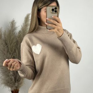 Pull Col Roulé à Coeur Blanc