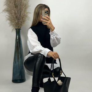 Pull Col Roulé Noir Sans Manche