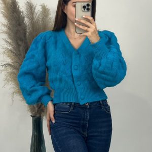 Gilet Court Bleu en Maille Torsadée