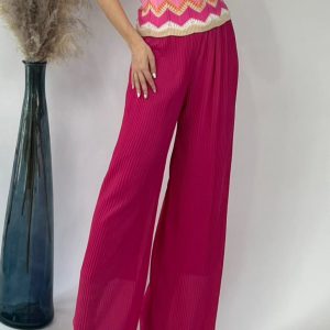 Pantalon Plissé Large Rose- Taille Haute