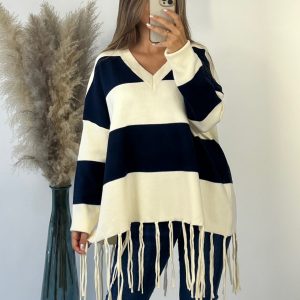 Pull rayé à franges