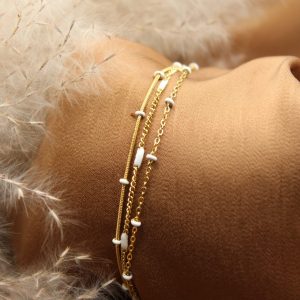 Bracelet multi rang chaine or et blanc