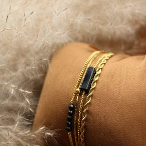 Bracelet triple rangs or et noir chaine