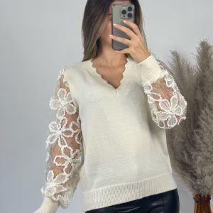 Pull Crème à Manches Dentelle Fleurie