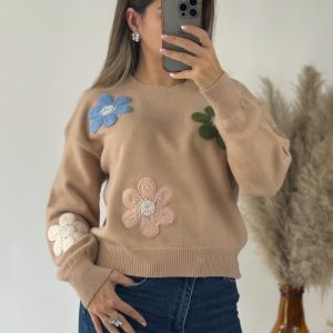 Pull beige à Fleurs tricot