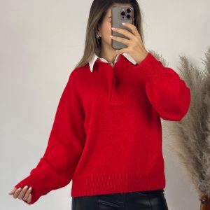 Pull Rouge à Col Chemisier