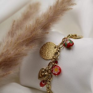 bracelet breloque doré et rouge