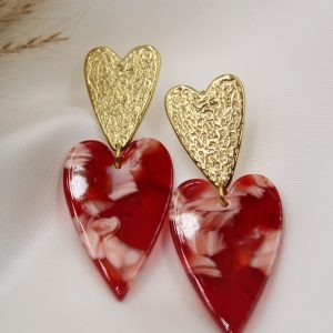 boucles d'oreilles coeur nacré rouge et doré