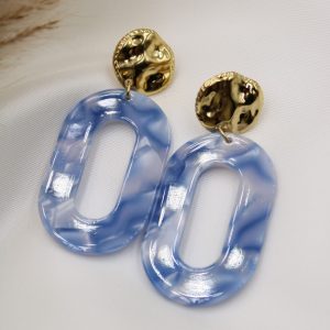 boucles d'oreilles doré et ovale marbré blanc et bleu