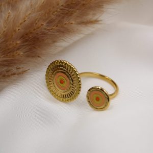 bague mandala orange en acier inoxydable