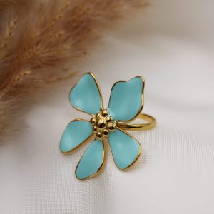 bague fleur bleu turquoise en acier inoxydable