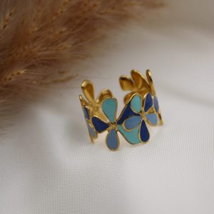 Bague fleurs bleu en acier inoxydable